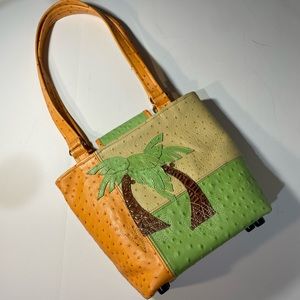 BamziBag shoulder bag, double strap palm trees orange tan green leather LG purse